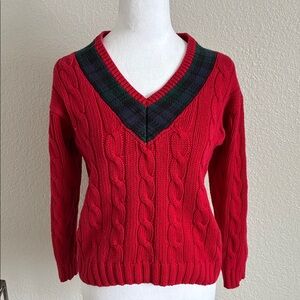 GAP Vintage 90’s Red Cable-Knit V-Neck Sweater with Dark Tartan Collar